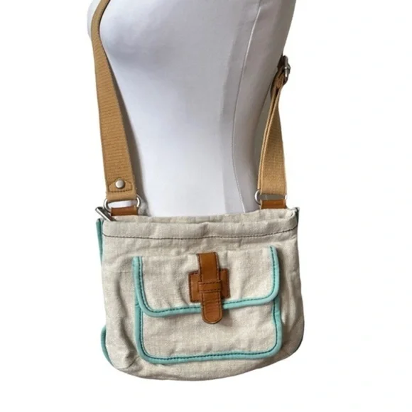 FOSSIL Crossbody Bag in Tan Canvas with Long Leather Straps - Picture 1 of 10